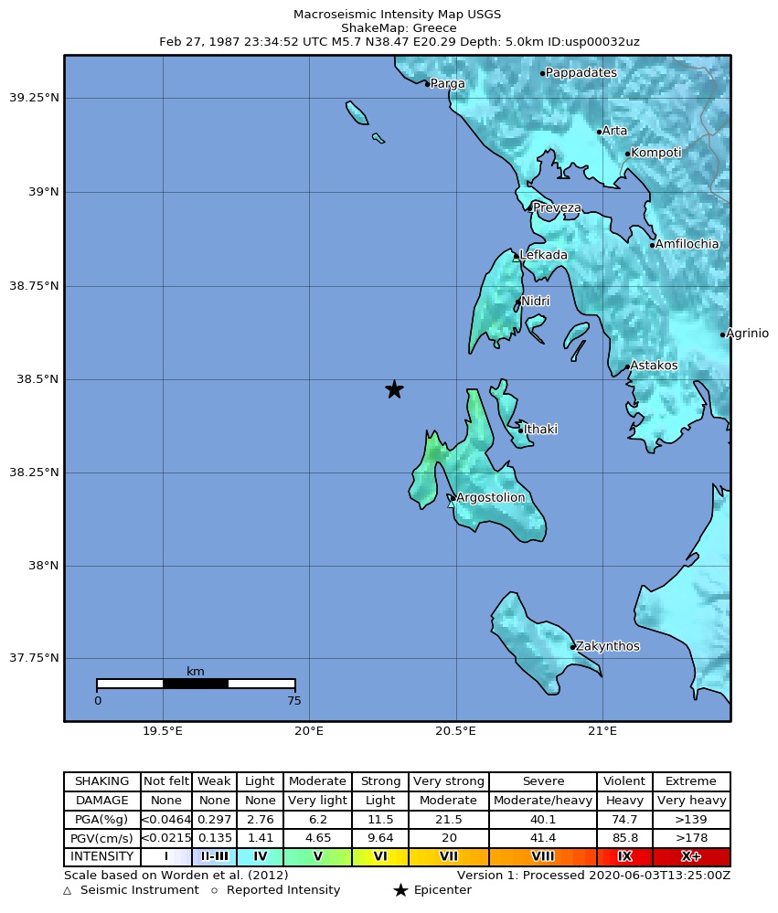 USGS ShakeMap: estimated shaking intensity around the epicenter