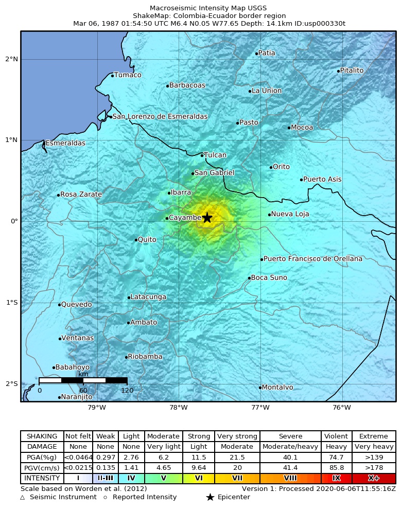USGS ShakeMap: estimated shaking intensity around the epicenter