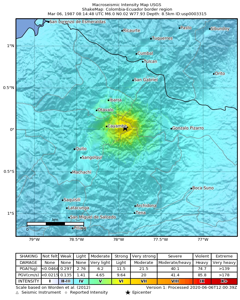 USGS ShakeMap: estimated shaking intensity around the epicenter