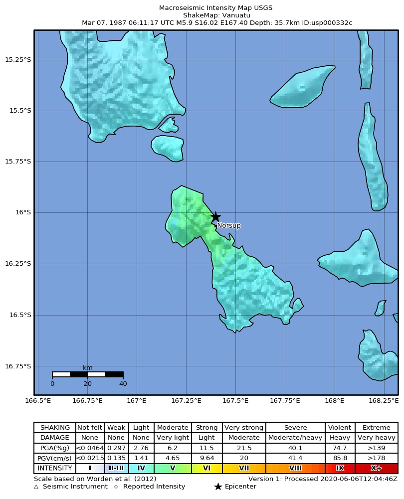 USGS ShakeMap: estimated shaking intensity around the epicenter