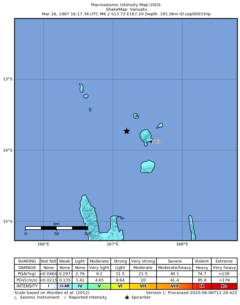 USGS ShakeMap: estimated shaking intensity around the epicenter