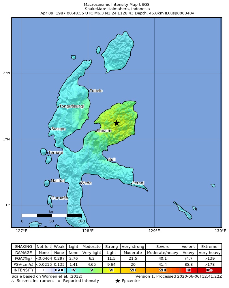 USGS ShakeMap: estimated shaking intensity around the epicenter