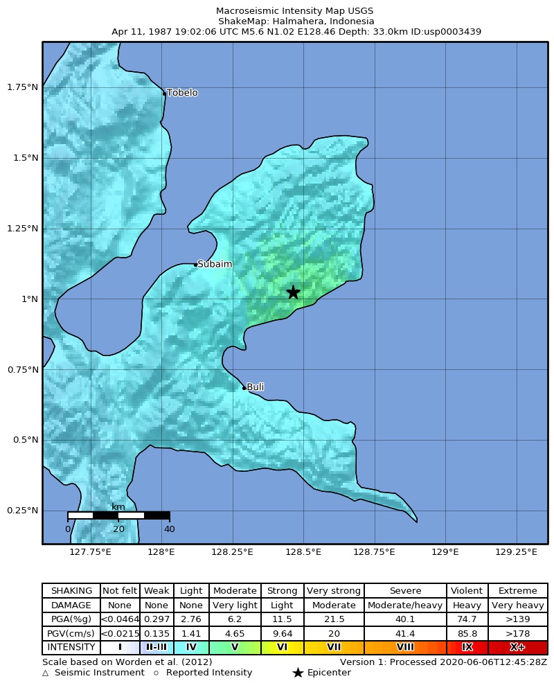 USGS ShakeMap: estimated shaking intensity around the epicenter