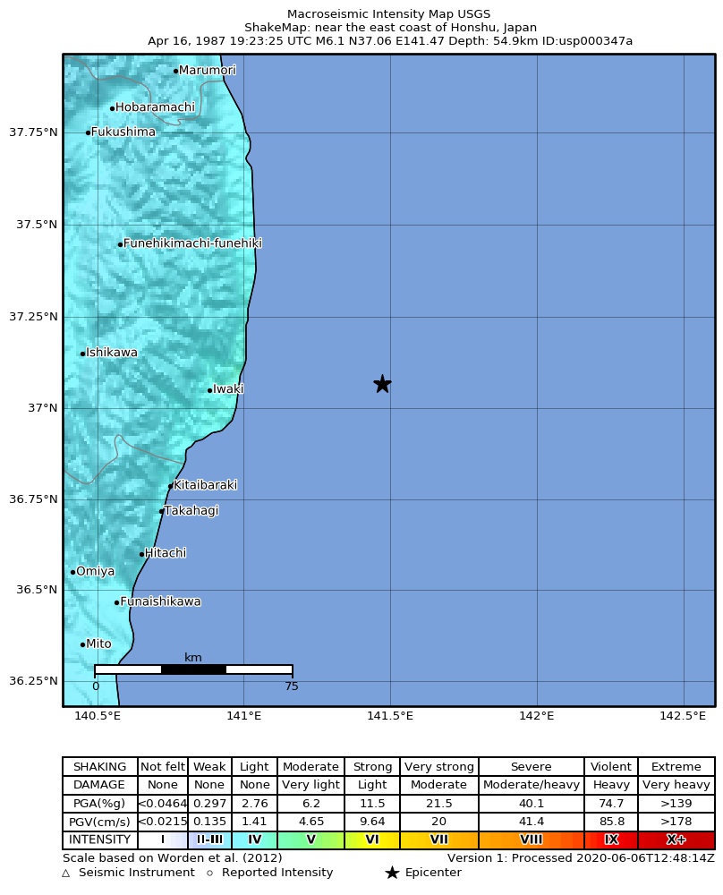 USGS ShakeMap: estimated shaking intensity around the epicenter