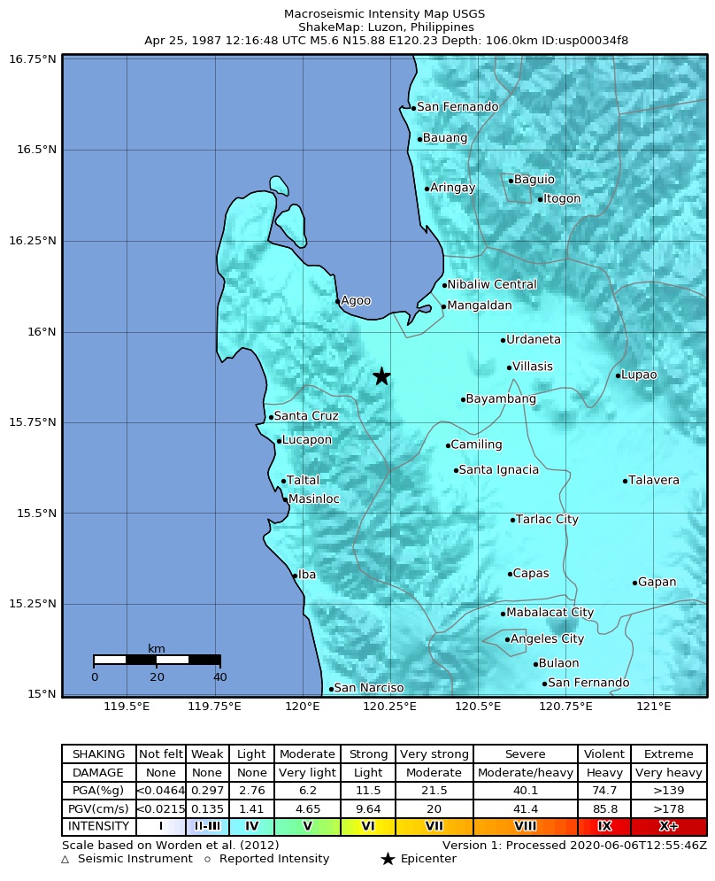 USGS ShakeMap: estimated shaking intensity around the epicenter