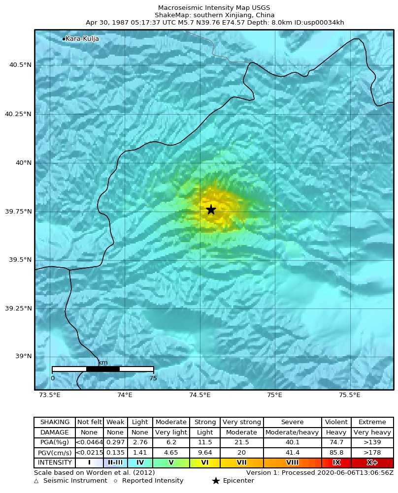 USGS ShakeMap: estimated shaking intensity around the epicenter