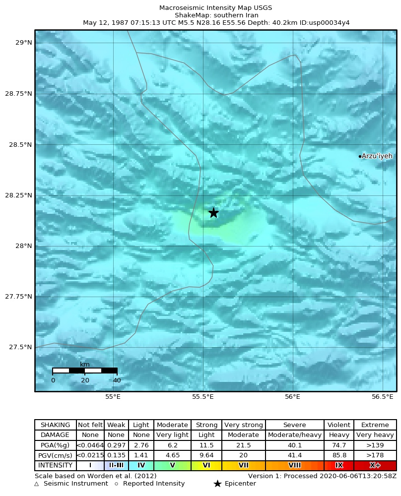 USGS ShakeMap: estimated shaking intensity around the epicenter