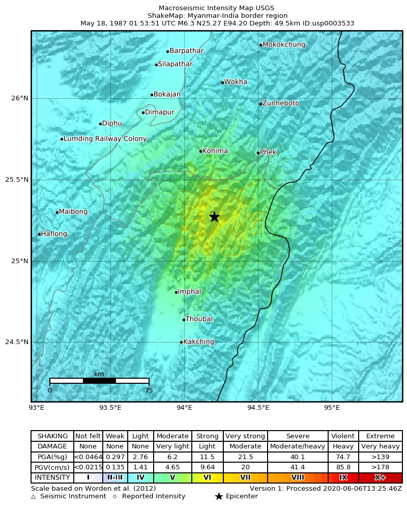 USGS ShakeMap: estimated shaking intensity around the epicenter