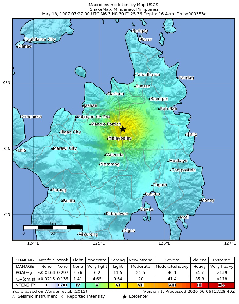 USGS ShakeMap: estimated shaking intensity around the epicenter