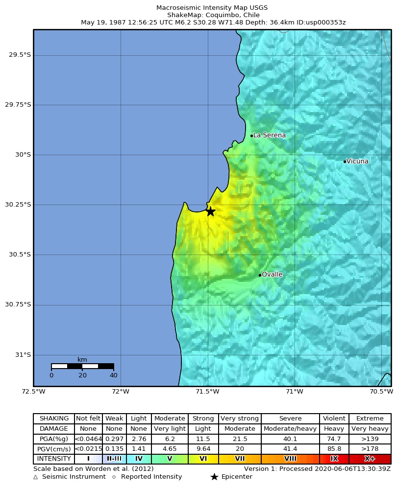 USGS ShakeMap: estimated shaking intensity around the epicenter