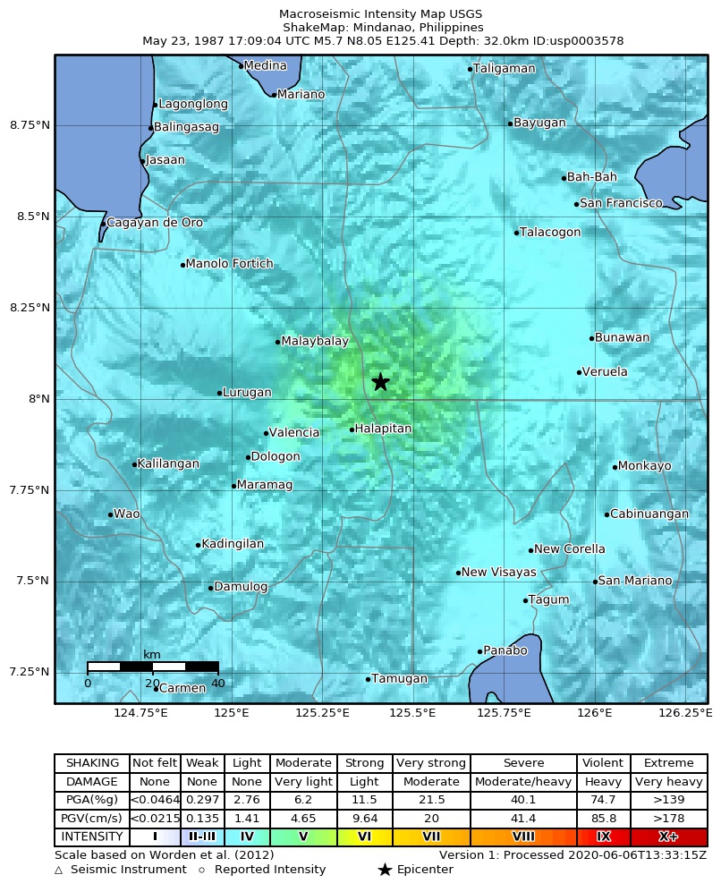 USGS ShakeMap: estimated shaking intensity around the epicenter