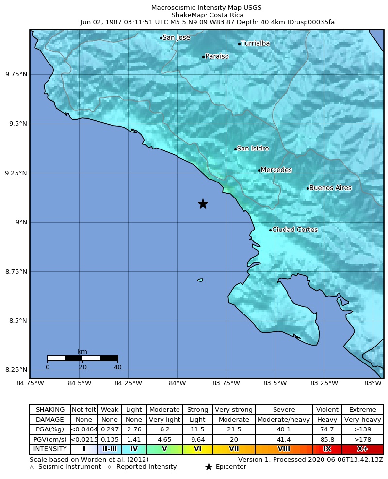 USGS ShakeMap: estimated shaking intensity around the epicenter