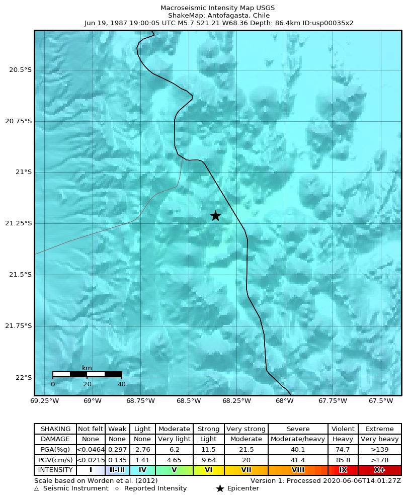 USGS ShakeMap: estimated shaking intensity around the epicenter