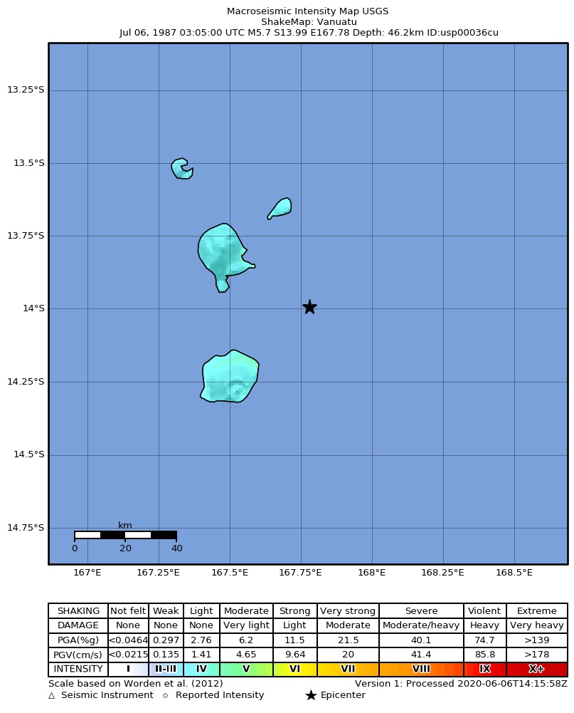 USGS ShakeMap: estimated shaking intensity around the epicenter