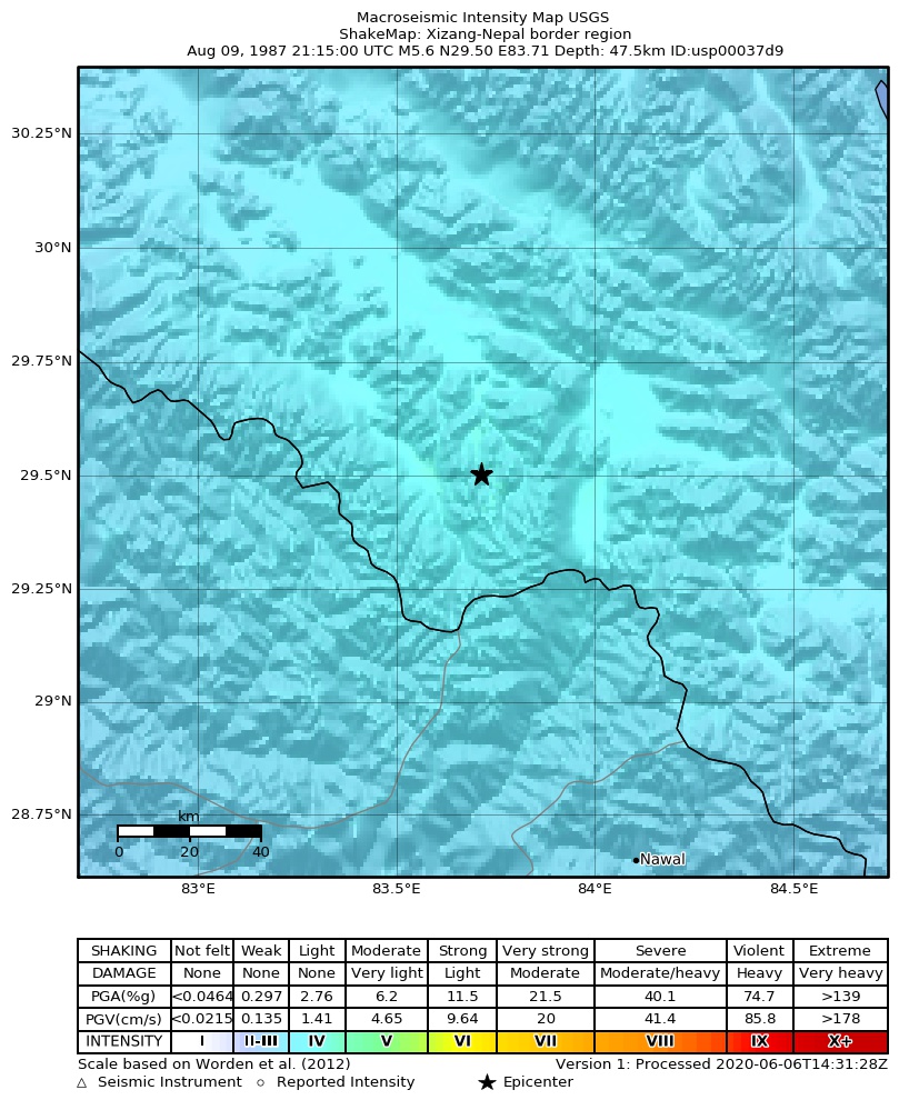 USGS ShakeMap: estimated shaking intensity around the epicenter