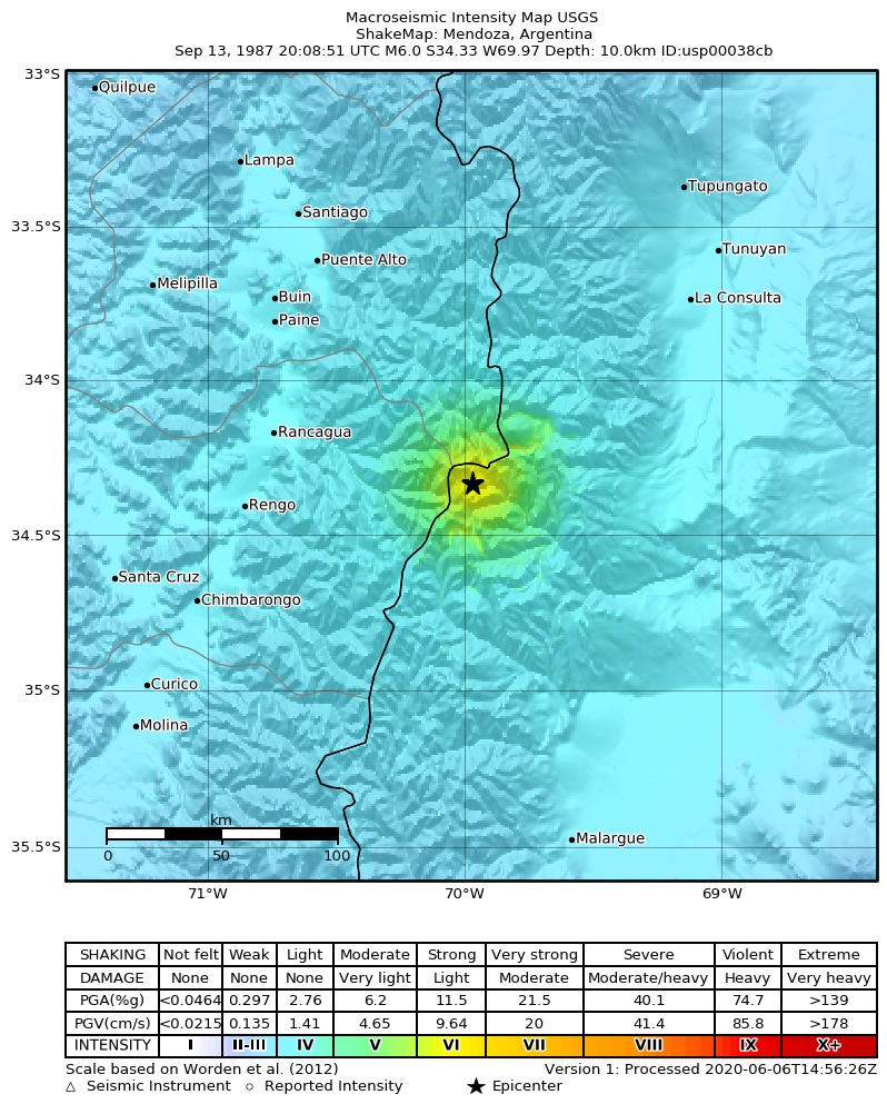 USGS ShakeMap: estimated shaking intensity around the epicenter
