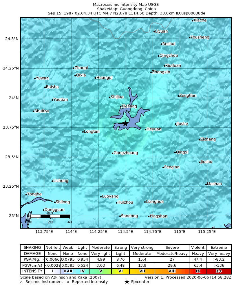USGS ShakeMap: estimated shaking intensity around the epicenter