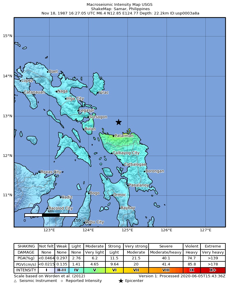 USGS ShakeMap: estimated shaking intensity around the epicenter