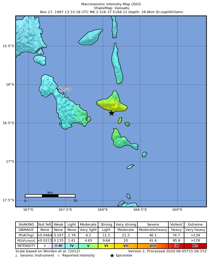 USGS ShakeMap: estimated shaking intensity around the epicenter