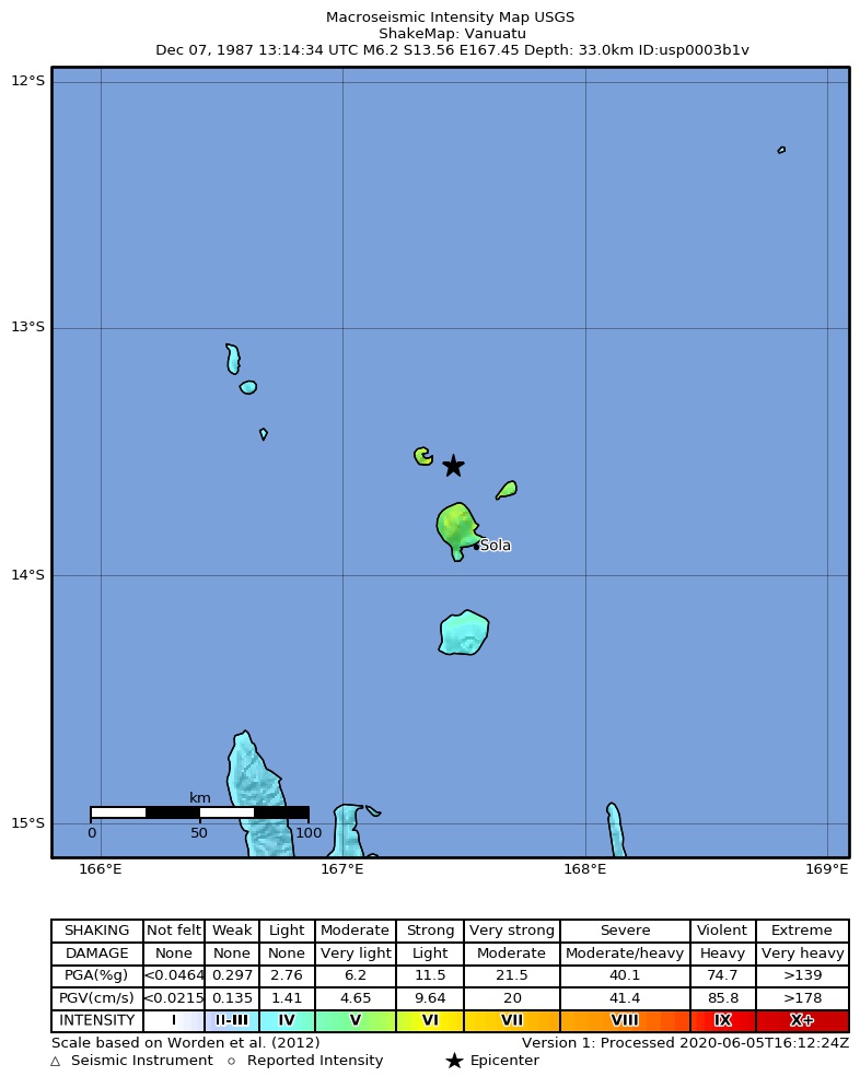 USGS ShakeMap: estimated shaking intensity around the epicenter