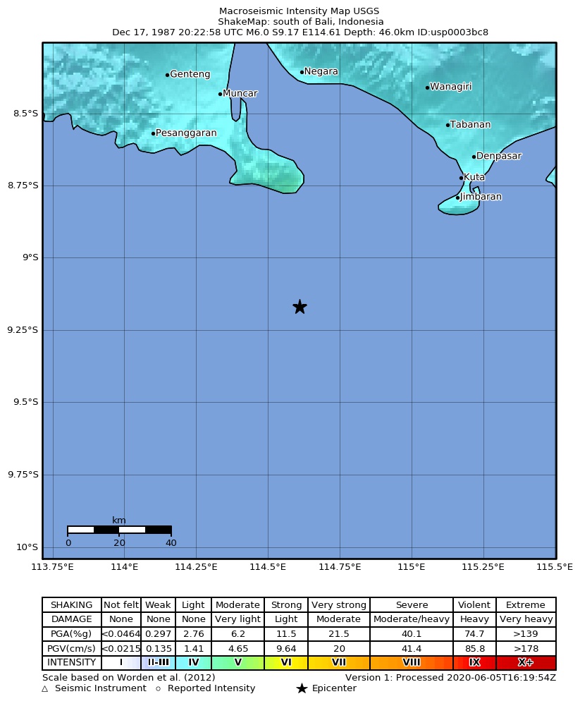 USGS ShakeMap: estimated shaking intensity around the epicenter