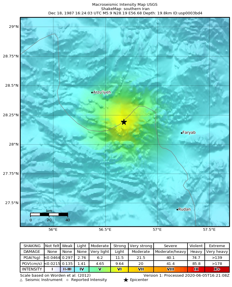 USGS ShakeMap: estimated shaking intensity around the epicenter