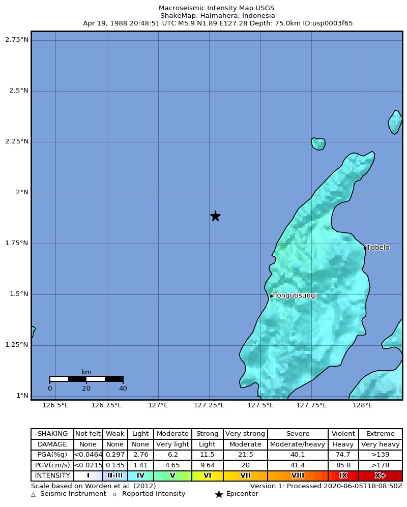 USGS ShakeMap: estimated shaking intensity around the epicenter