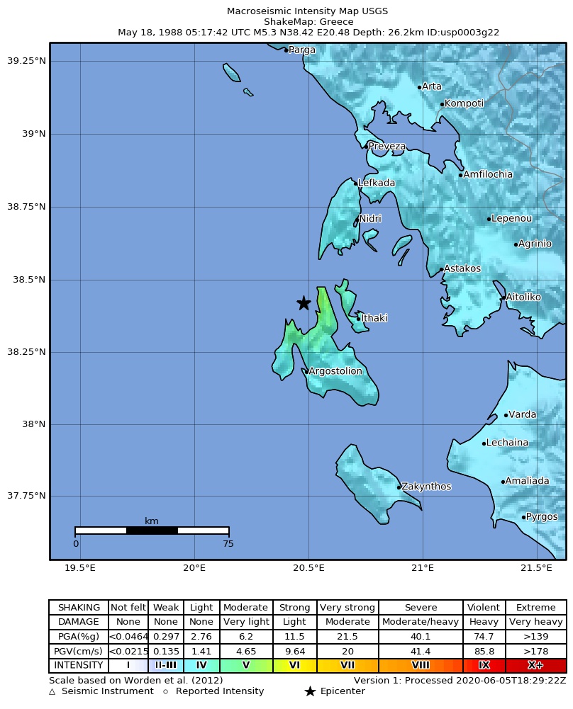 USGS ShakeMap: estimated shaking intensity around the epicenter