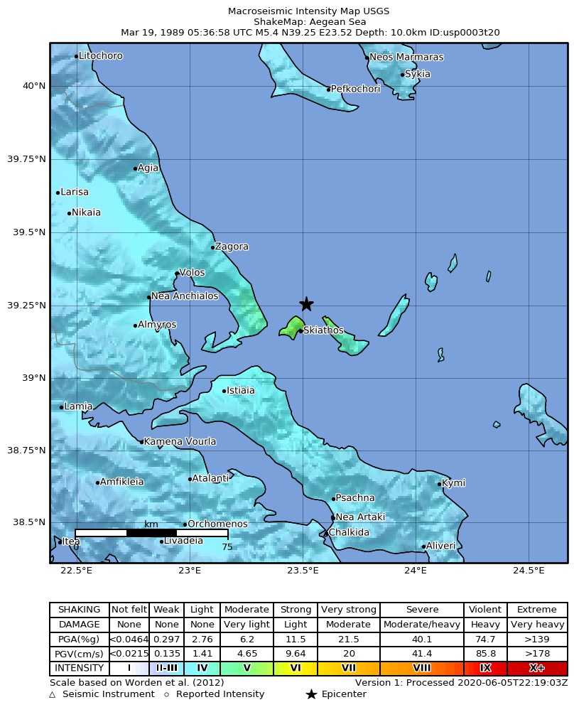 USGS ShakeMap: estimated shaking intensity around the epicenter