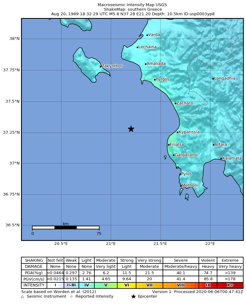 USGS ShakeMap: estimated shaking intensity around the epicenter
