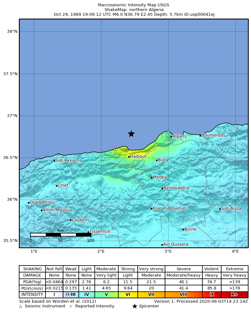 USGS ShakeMap: estimated shaking intensity around the epicenter