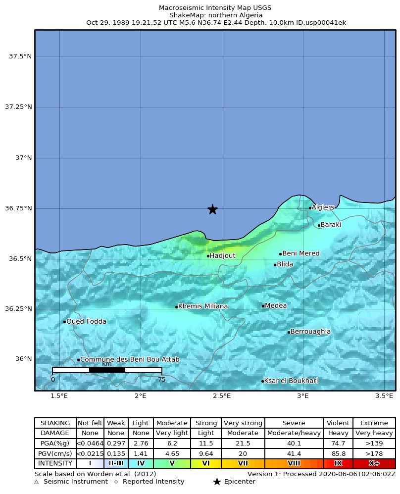 USGS ShakeMap: estimated shaking intensity around the epicenter