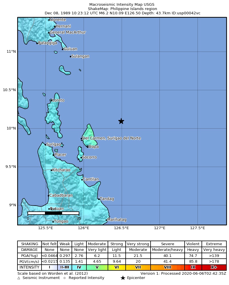 USGS ShakeMap: estimated shaking intensity around the epicenter
