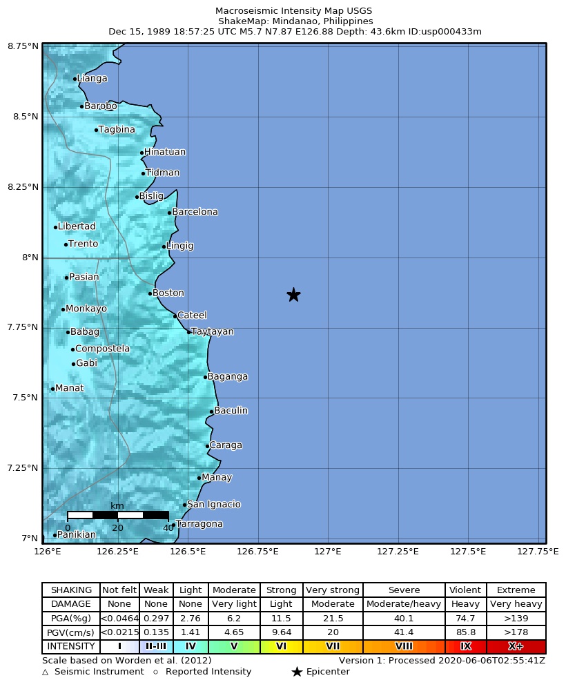 USGS ShakeMap: estimated shaking intensity around the epicenter