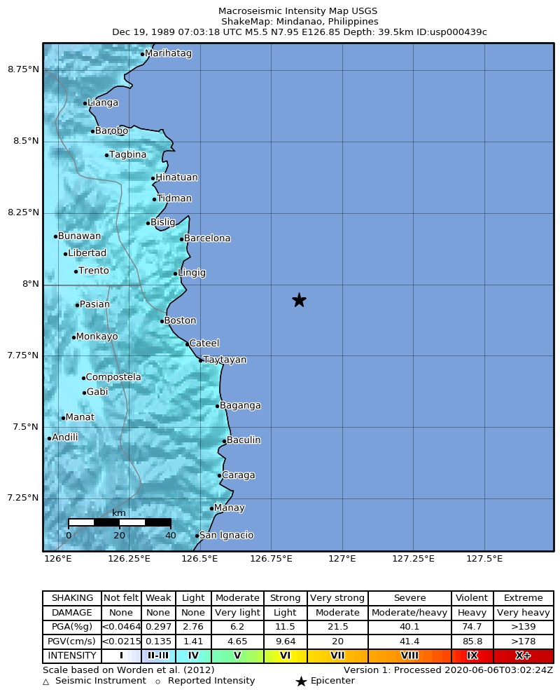 USGS ShakeMap: estimated shaking intensity around the epicenter
