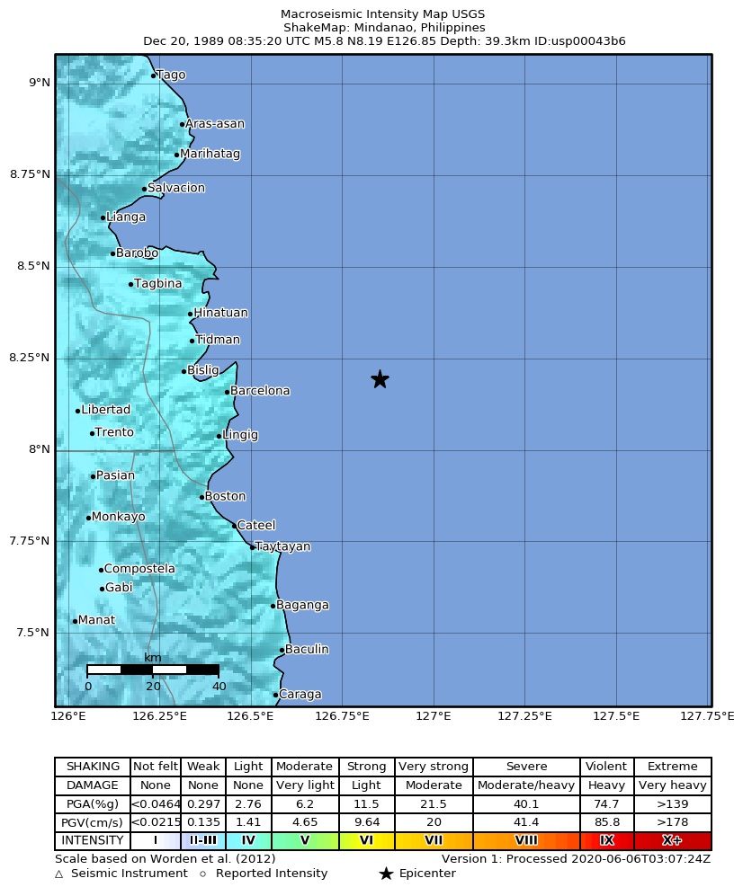 USGS ShakeMap: estimated shaking intensity around the epicenter
