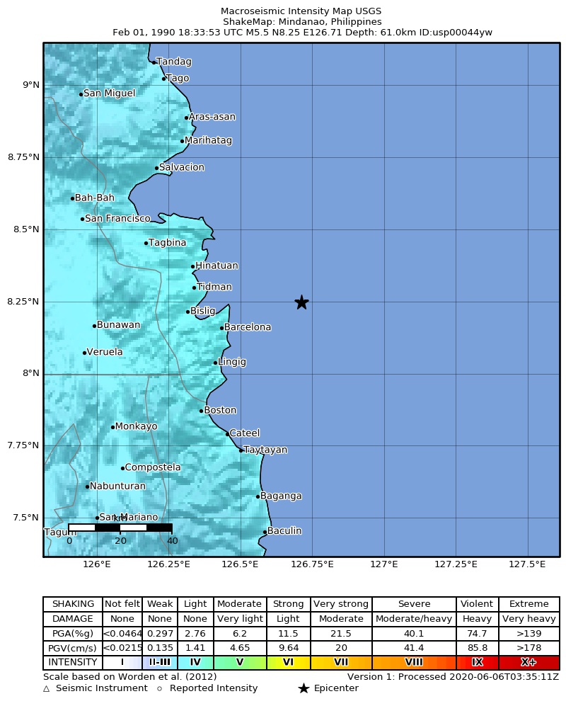 USGS ShakeMap: estimated shaking intensity around the epicenter