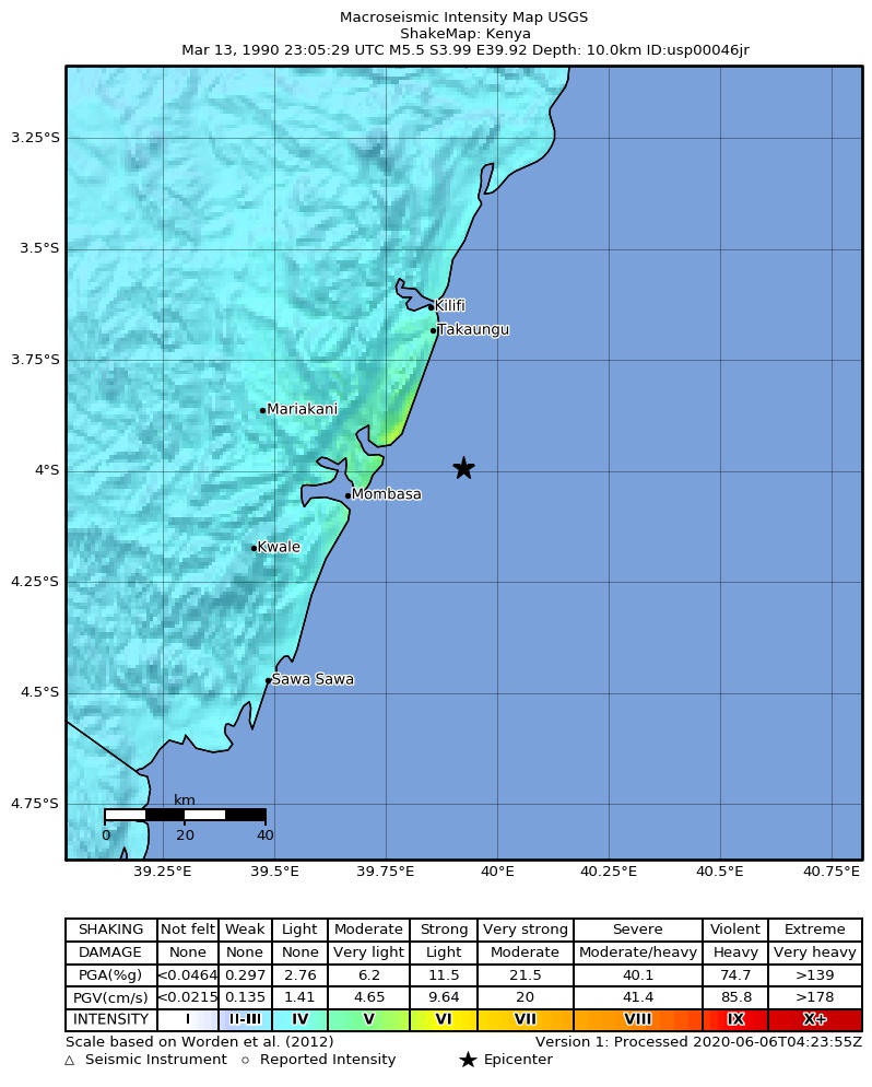 USGS ShakeMap: estimated shaking intensity around the epicenter