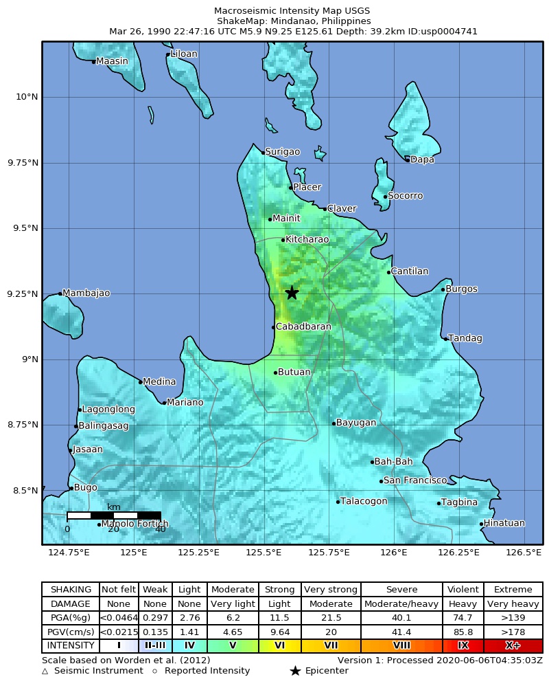 USGS ShakeMap: estimated shaking intensity around the epicenter