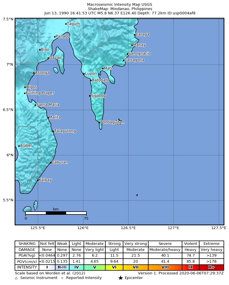 USGS ShakeMap: estimated shaking intensity around the epicenter