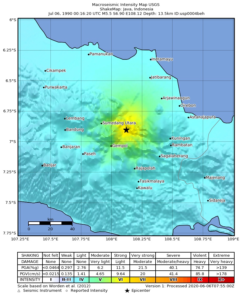 USGS ShakeMap: estimated shaking intensity around the epicenter