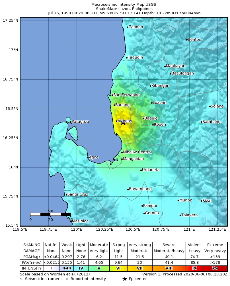 USGS ShakeMap: estimated shaking intensity around the epicenter