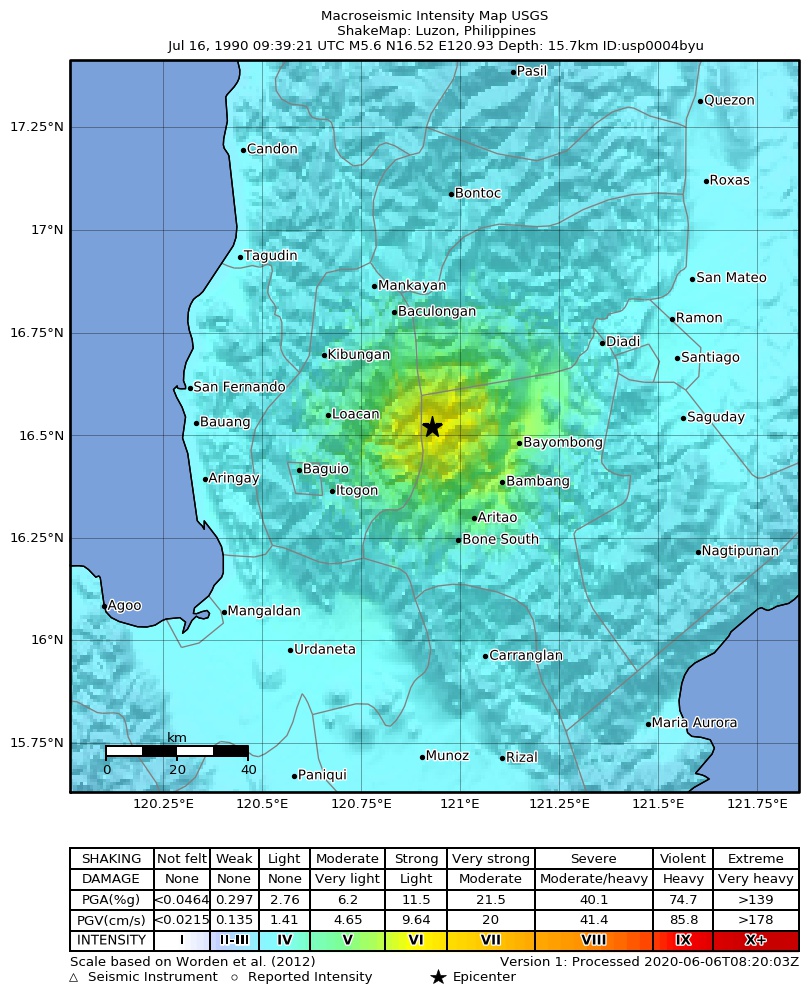 USGS ShakeMap: estimated shaking intensity around the epicenter