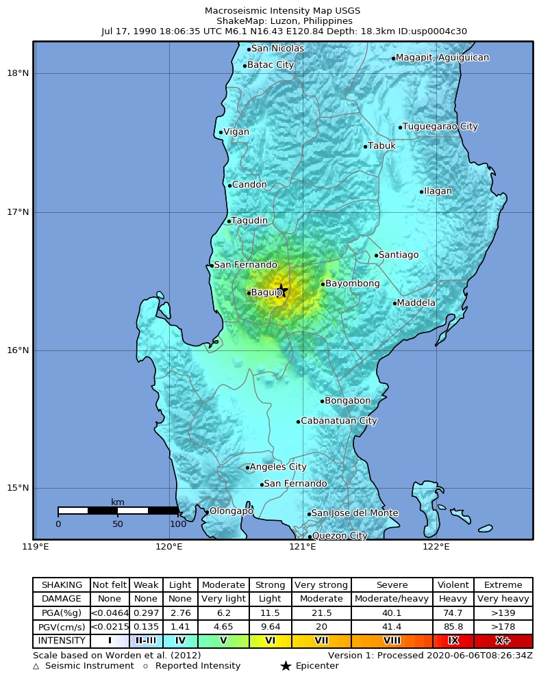 USGS ShakeMap: estimated shaking intensity around the epicenter