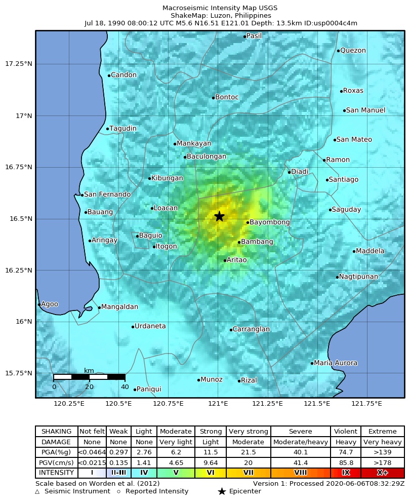 USGS ShakeMap: estimated shaking intensity around the epicenter