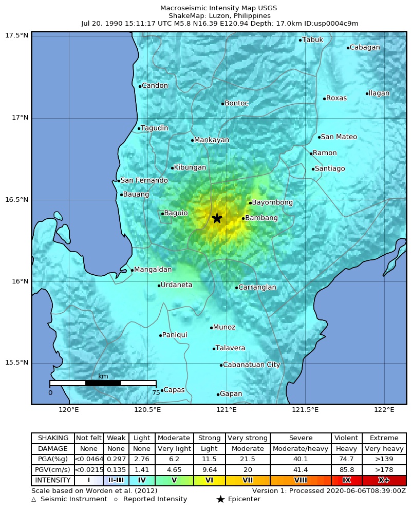 USGS ShakeMap: estimated shaking intensity around the epicenter