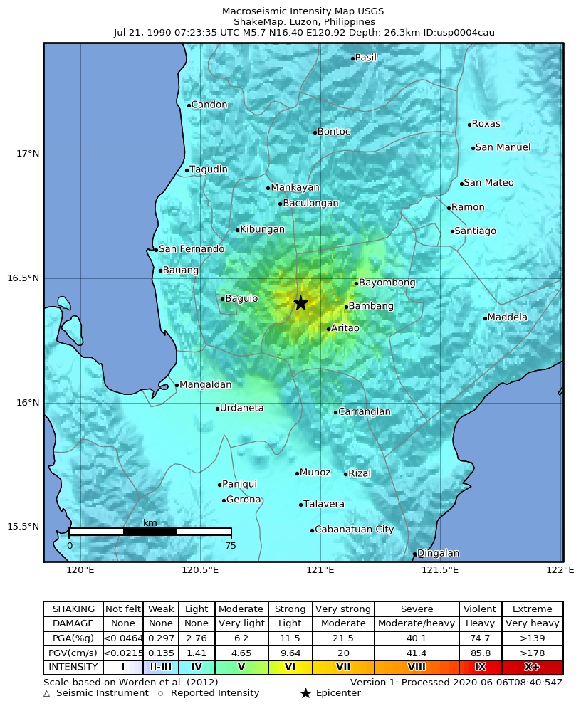 USGS ShakeMap: estimated shaking intensity around the epicenter