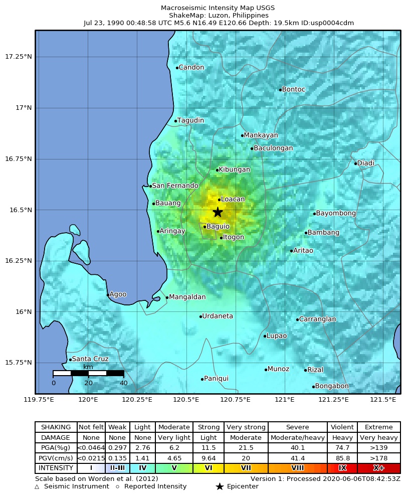 USGS ShakeMap: estimated shaking intensity around the epicenter