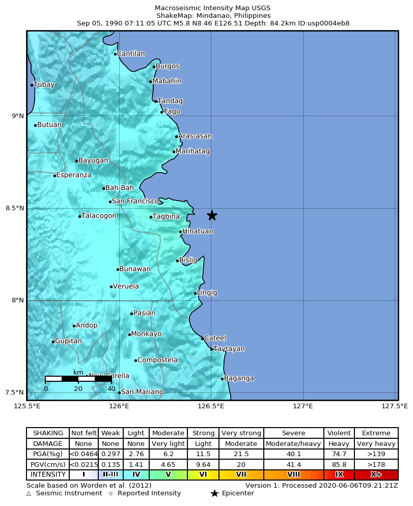 USGS ShakeMap: estimated shaking intensity around the epicenter