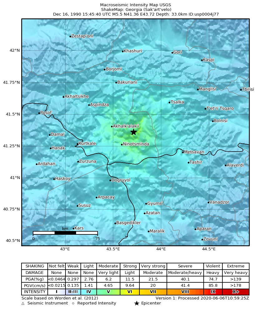 USGS ShakeMap: estimated shaking intensity around the epicenter